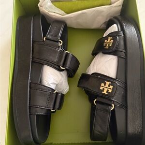 Tory Burch Black Leather Double-Strap Platform Sandals with Gold Logo Size7 $220